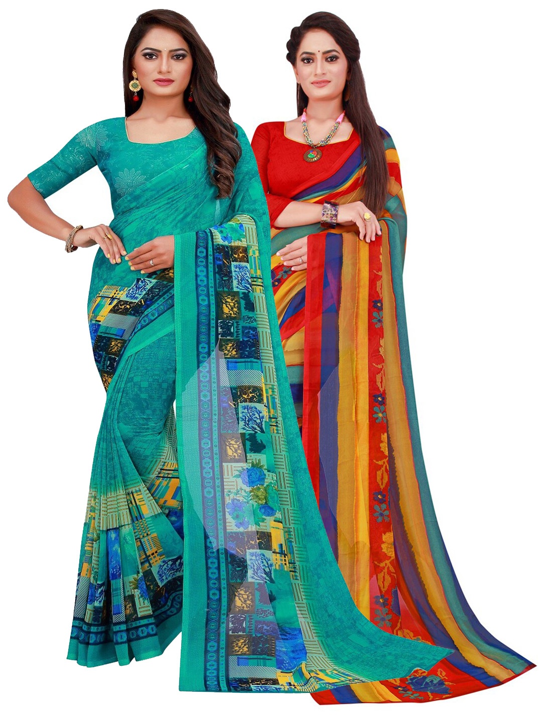 

Silk Bazar Pack of 2 Turquoise Blue & Red Printed Pure Georgette Saree