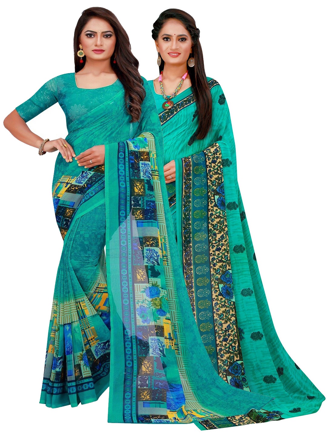 

Silk Bazar Pack of 2 Turquoise Blue & Green Printed Pure Georgette Saree