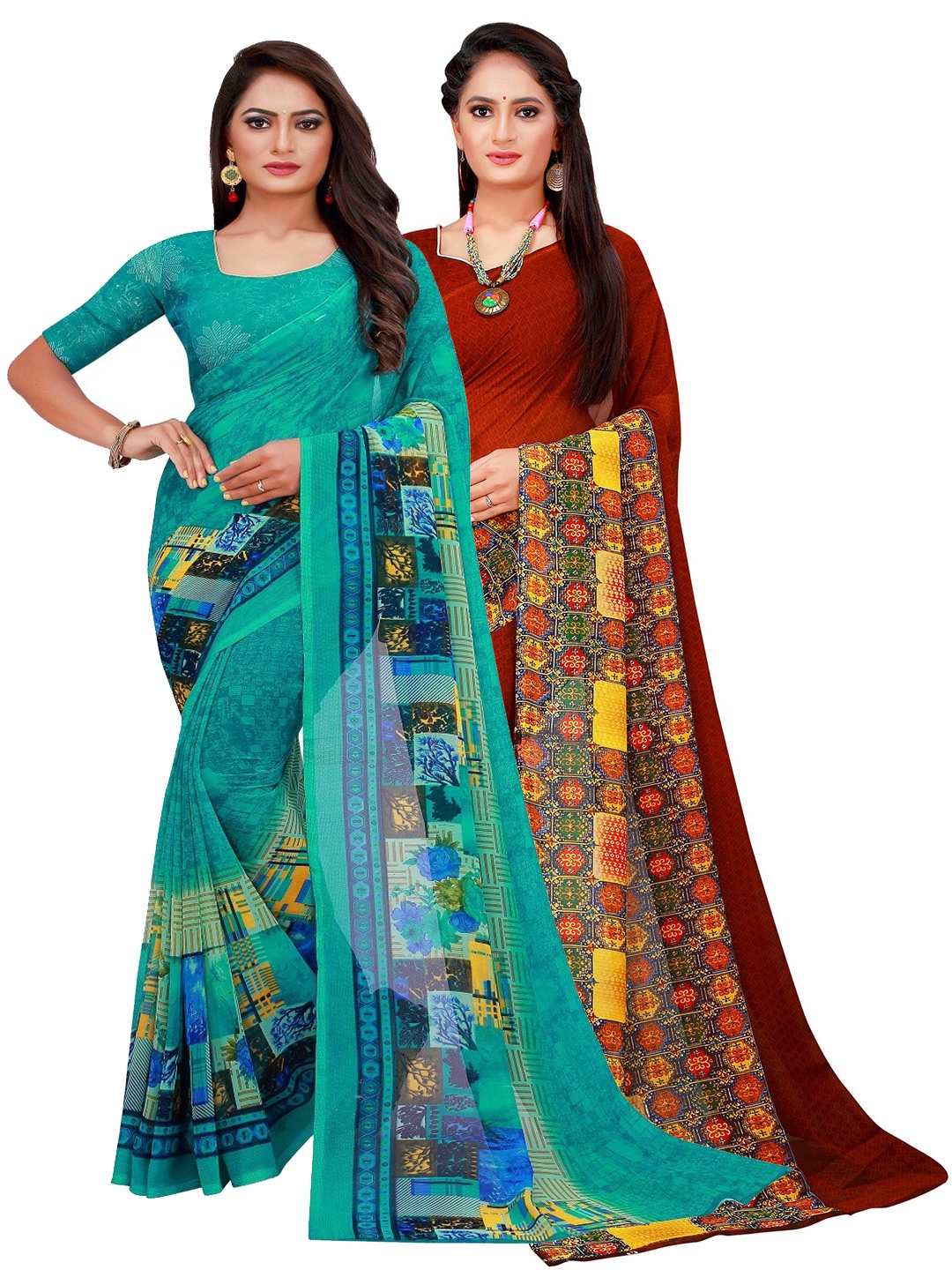 

Silk Bazar Pack of 2 Turquoise Blue & Maroon Printed Pure Georgette Saree
