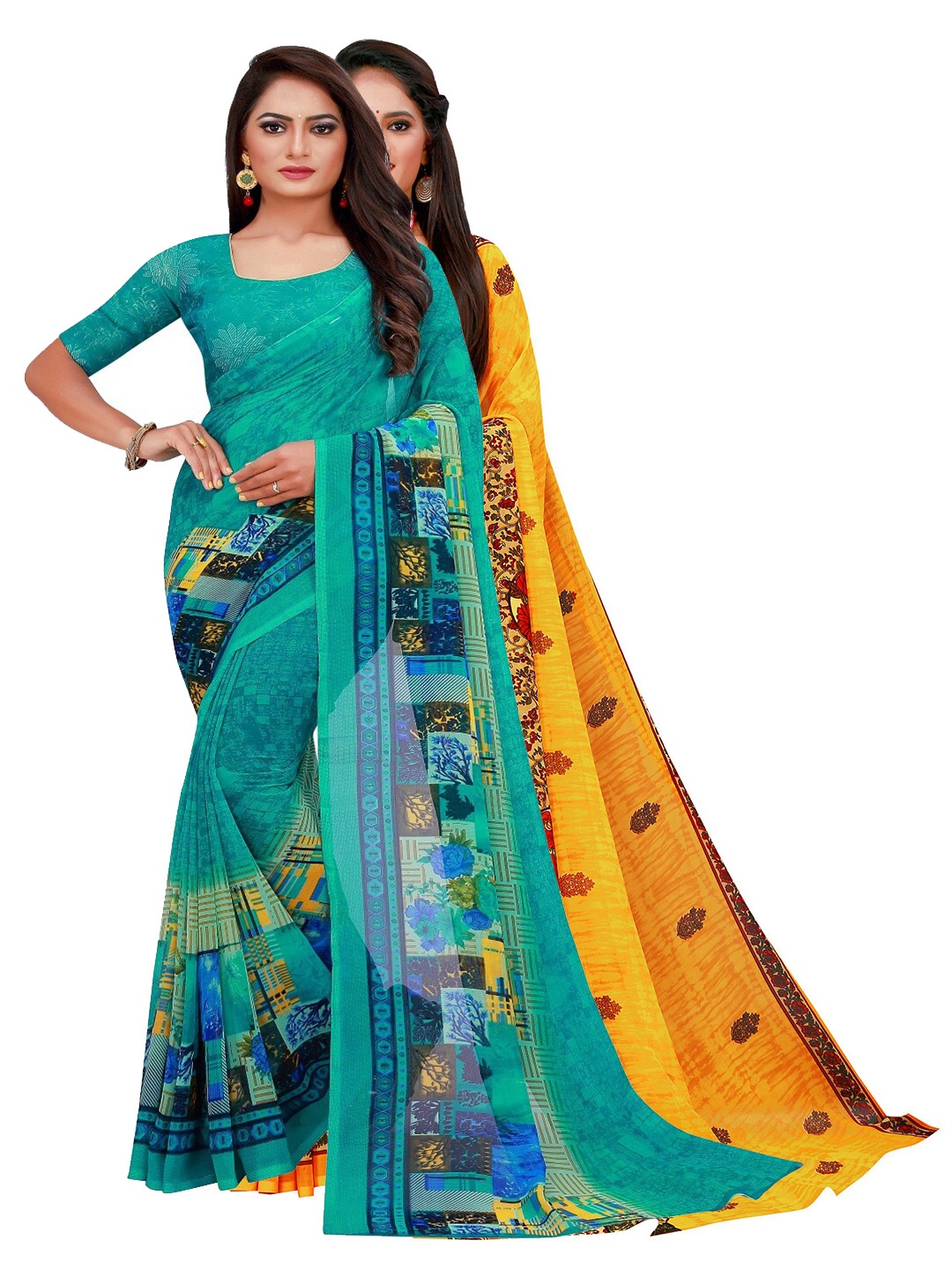 

Silk Bazar Pack of 2 Turquoise Blue & Yellow Printed Pure Georgette Saree
