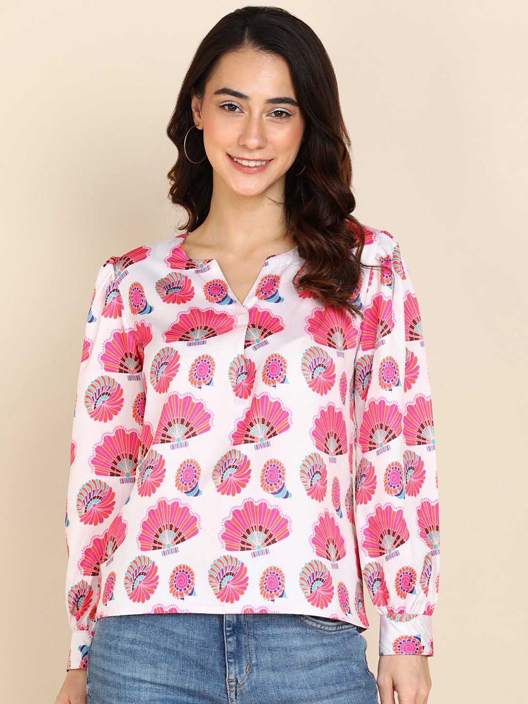 

Sangria Off White & Pink Floral Print Crepe Top