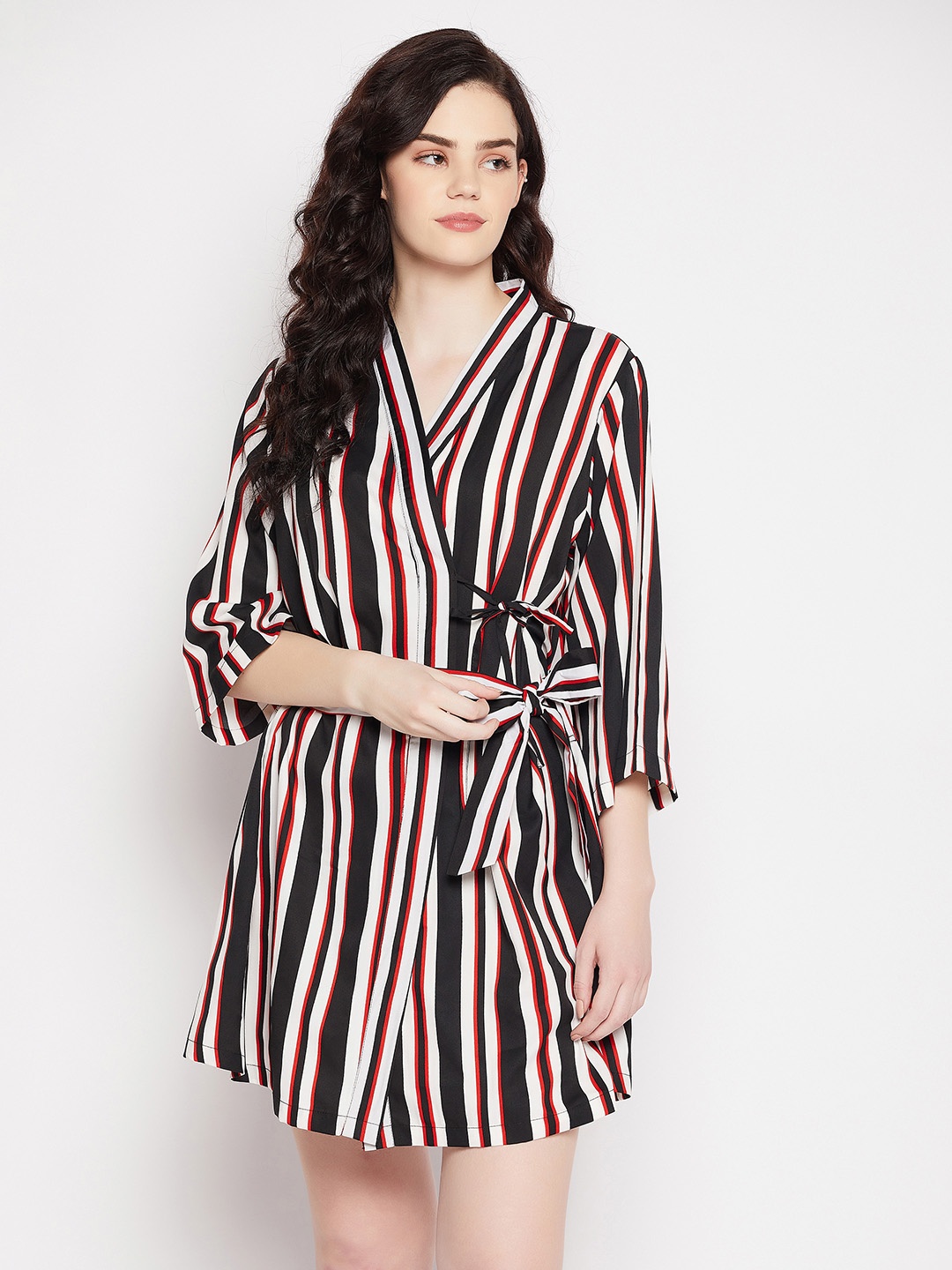 

Clovia Women Black & Red Striped Crepe Robe