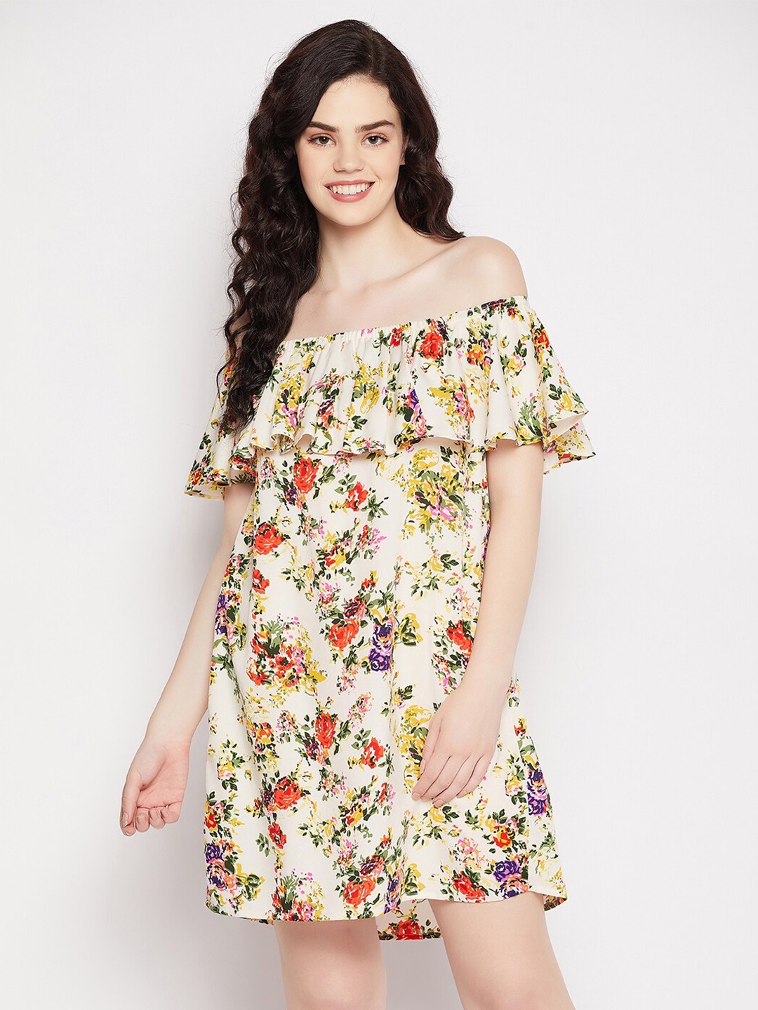

Clovia Pretty Florals Resortwear Bardot Crepe Shirt Dress, White