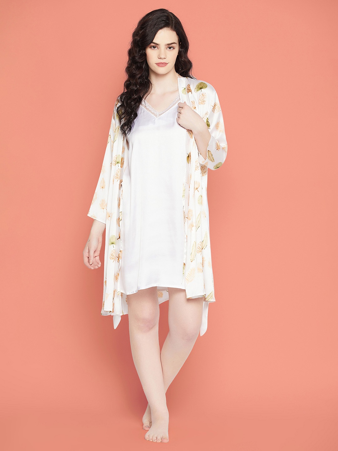 

Clovia White Printed Robe Nightdress