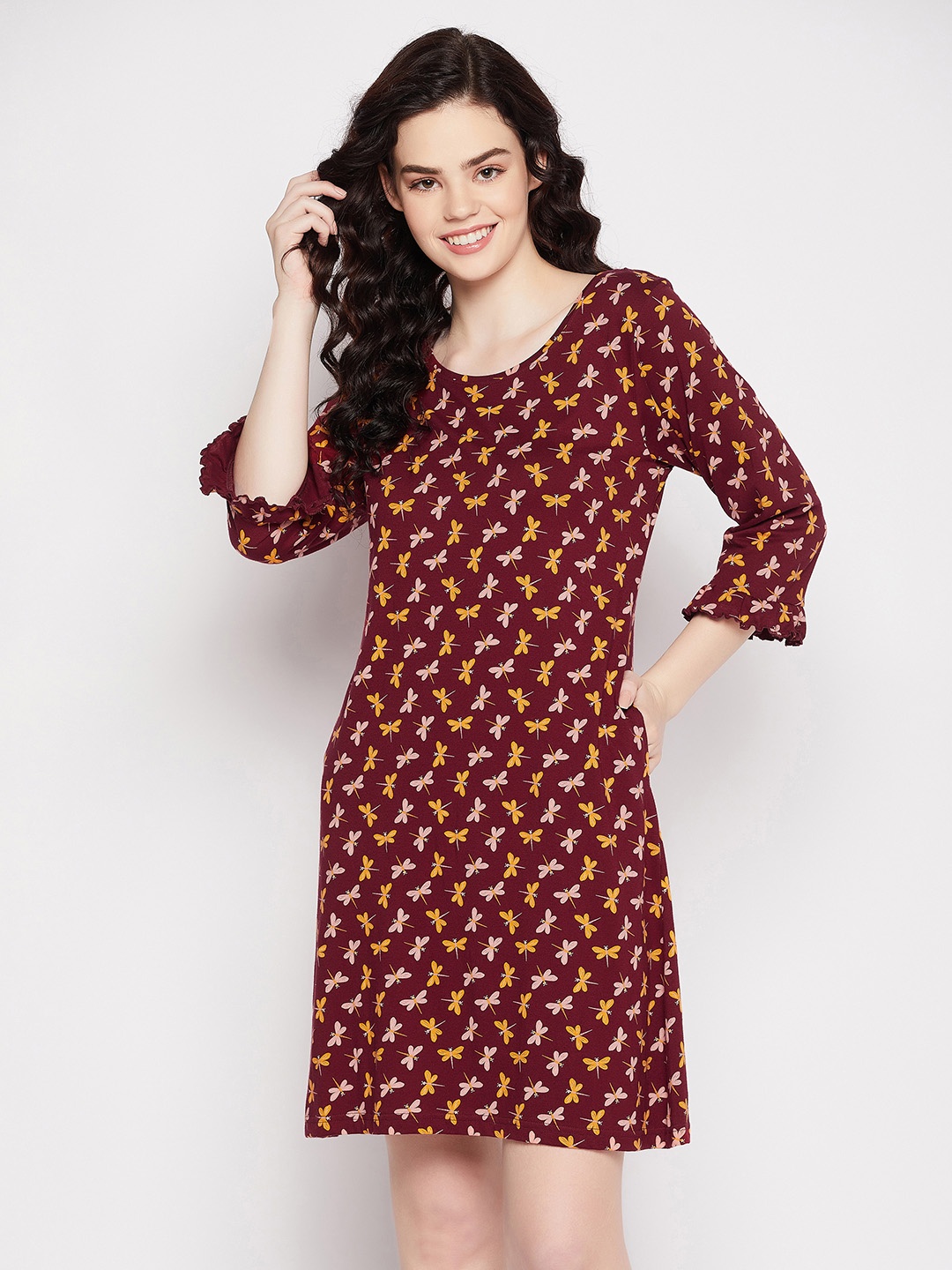 

Clovia Purple Printed Cotton Nightdress, Maroon