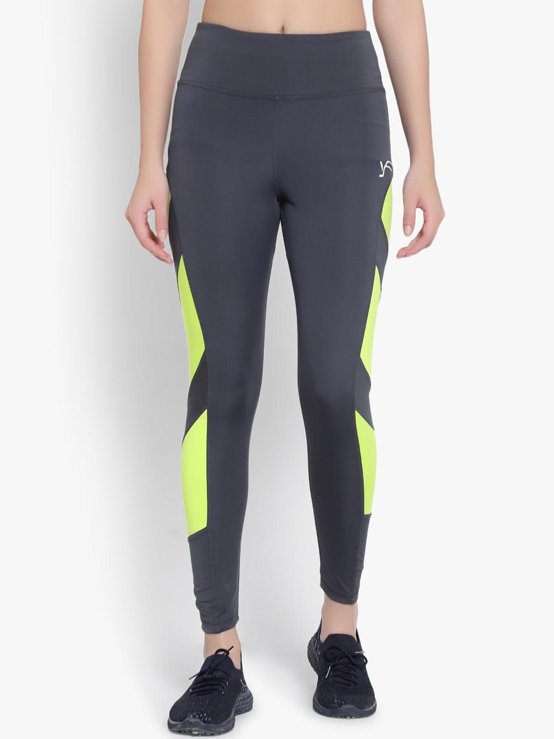 

YOU FOREVER Women Grey & Fluorescent Green Colorblocked Tights