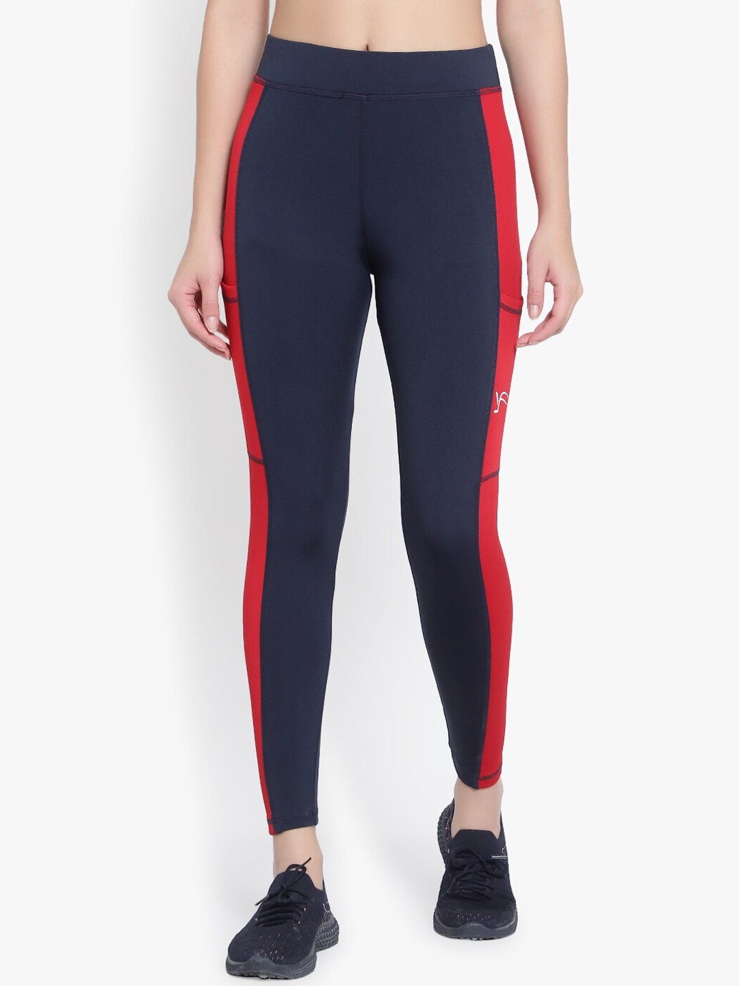 

YOU FOREVER Women Navy Blue & Red Colourblocked Activewear Tights