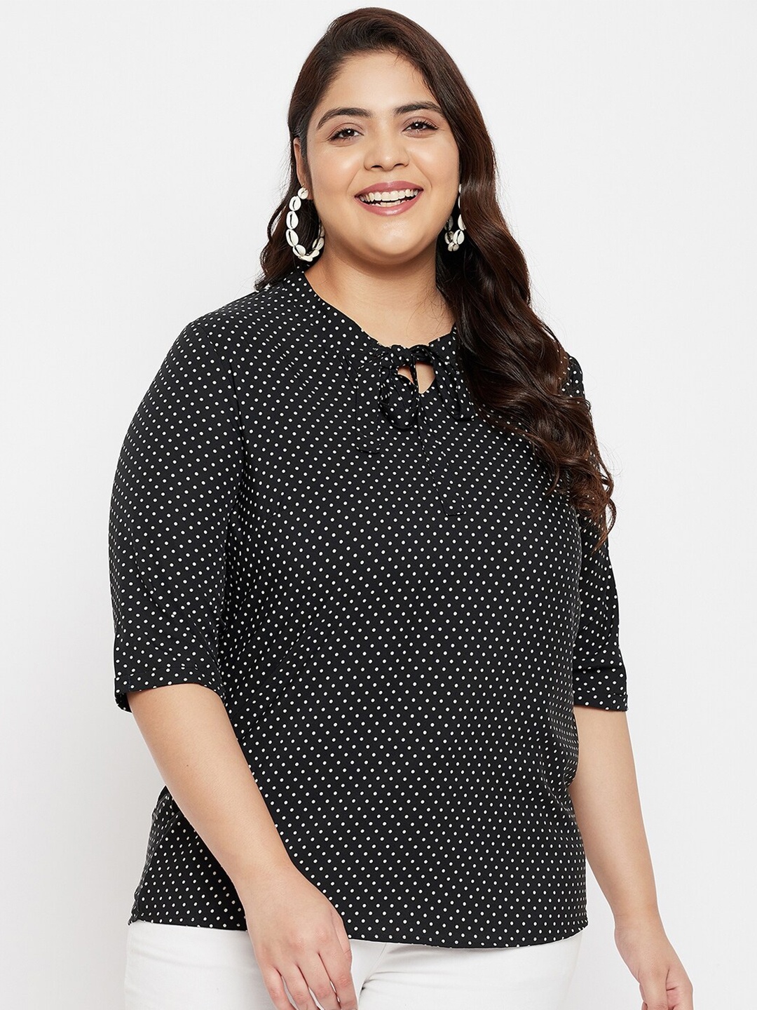 

AUSTIVO Women Plus Size Black & White Polka Dot Printed Tie-Up Neck Top
