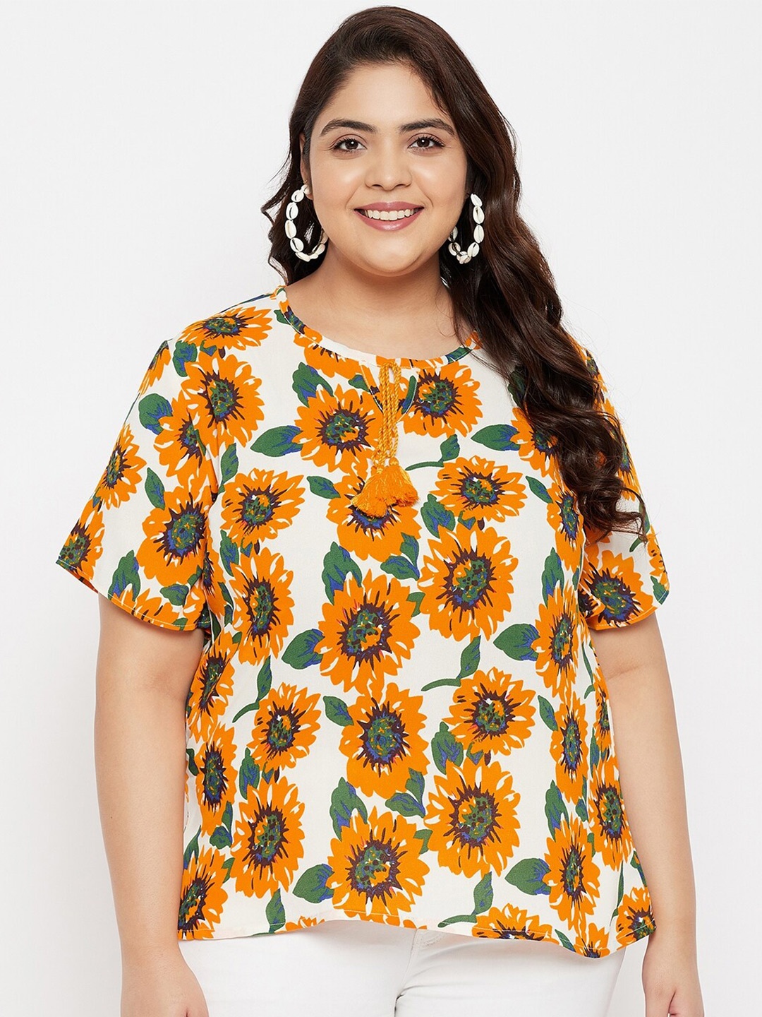 

AUSTIVO Women Plus Size White & Orange Floral Print Top