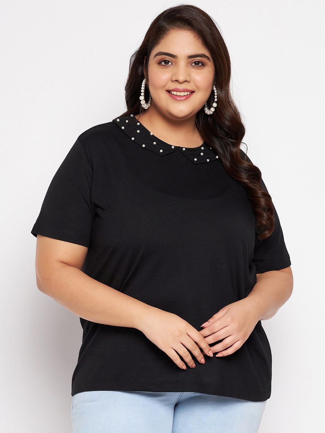 

AUSTIVO Women Plus Size Black Embellished Peter Pan Collar Top