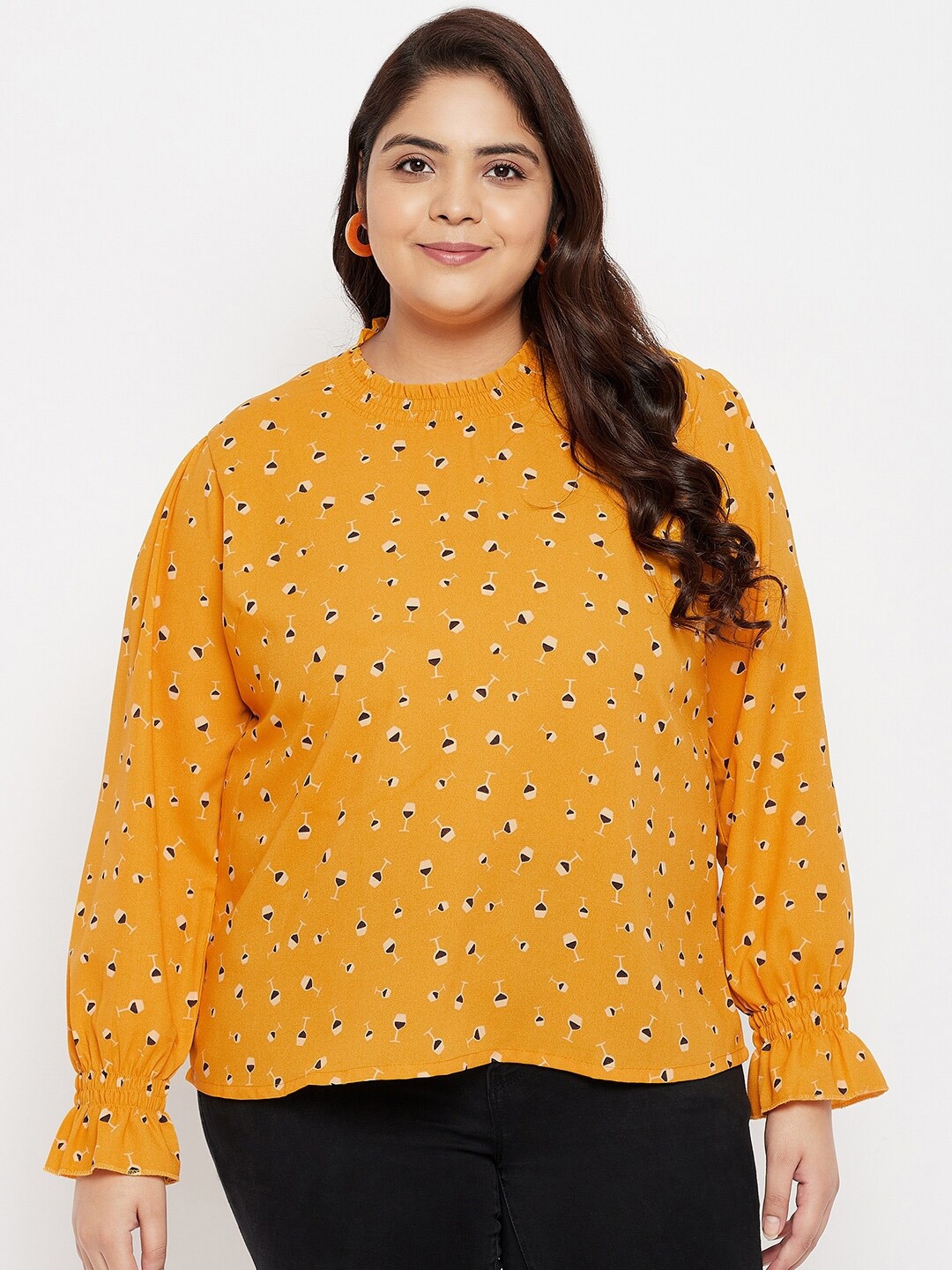 

AUSTIVO Women Plus Size Yellow Geometric Print Top