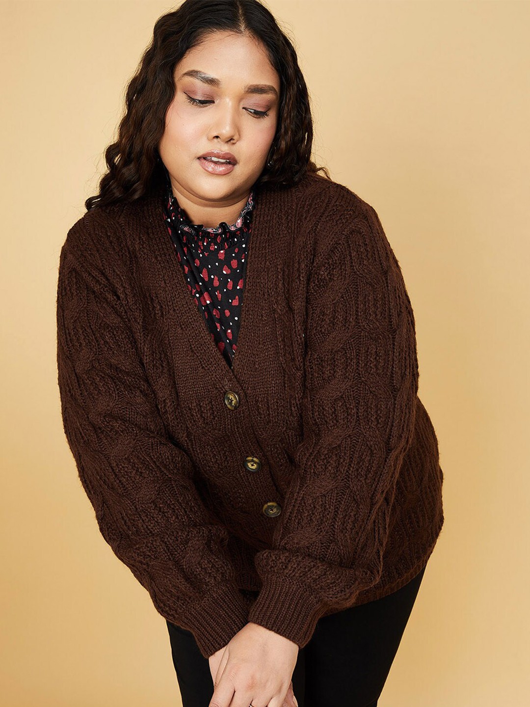 

max Women Plus Size Brown Cable Knit Cardigan