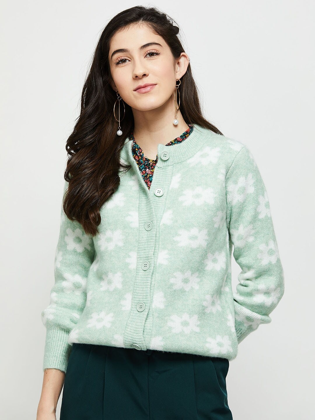 

max Women Green & White Floral Printed Cardigan