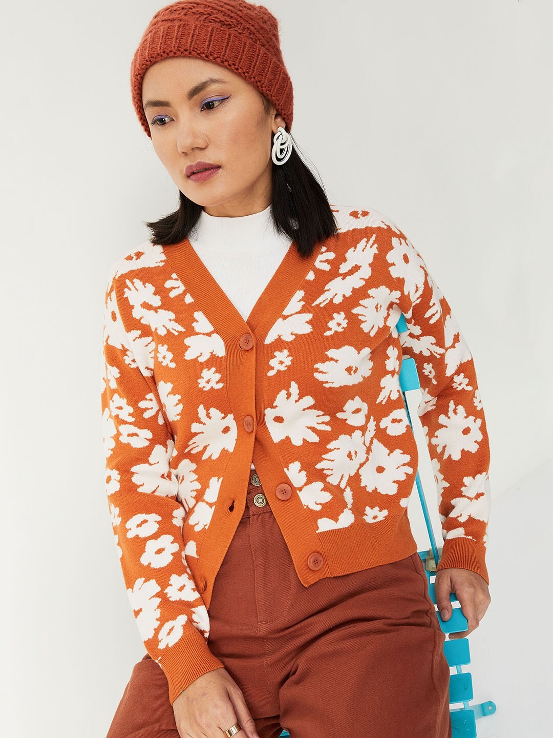 

max Women Rust & White Floral Printed Cardigan