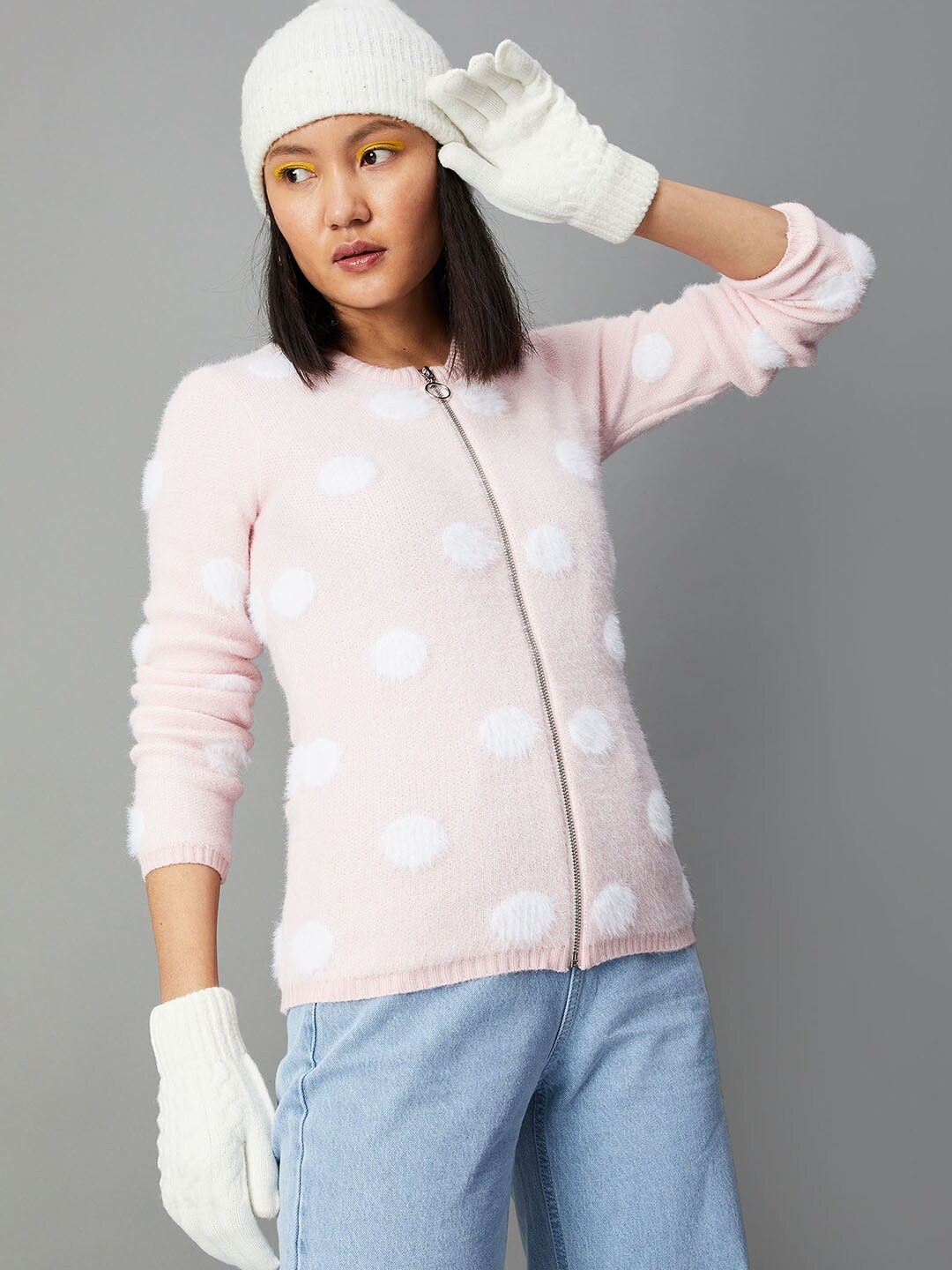 

max Women Pink & White Cardigan with Fuzzy Detail