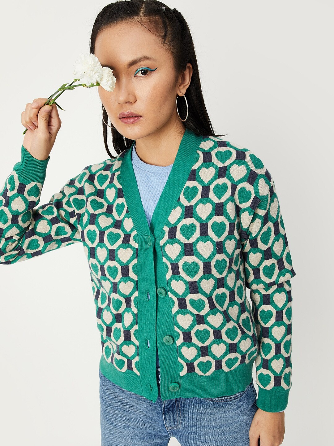 

max Women Green & Off White Printed Cardigan