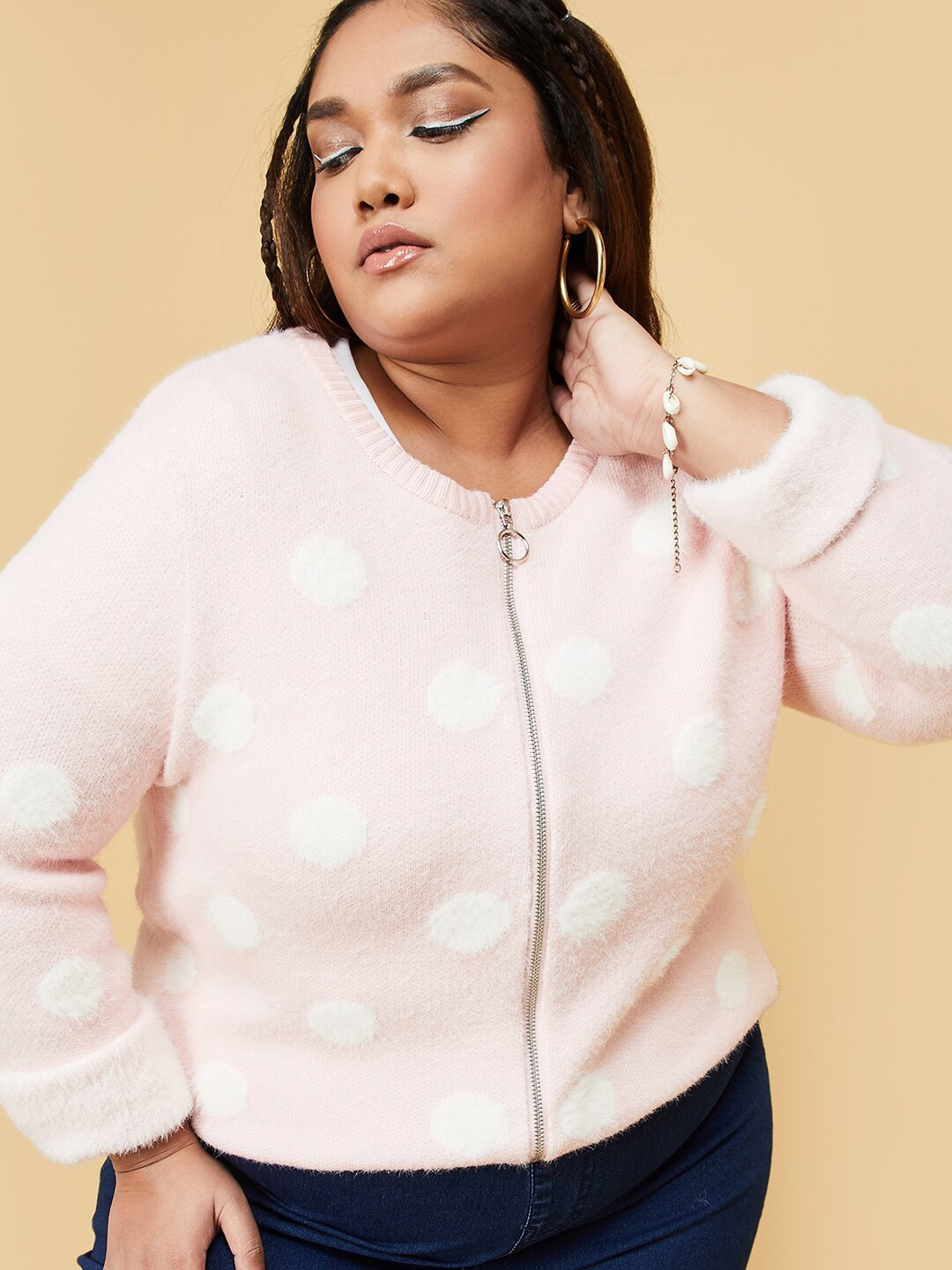 

max Women Plus Size Pink & White Printed Cardigan with Fuzzy Detail
