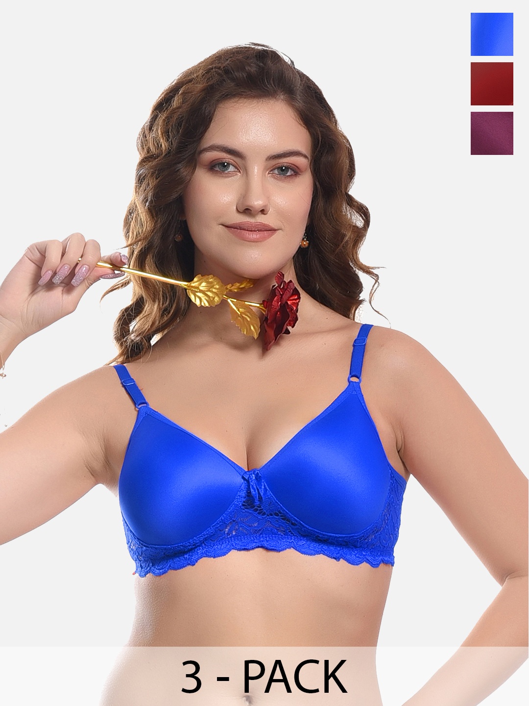 

FIMS Pack of 3 Cotton Lace Everyday Bra - Lightly Padded, Blue