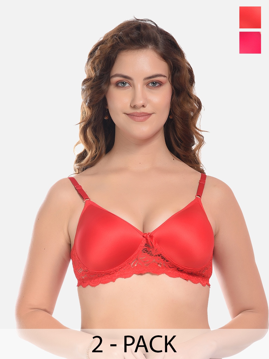 

FIMS Pink & Red Pack of 2 Cotton Lightly Padded Bra