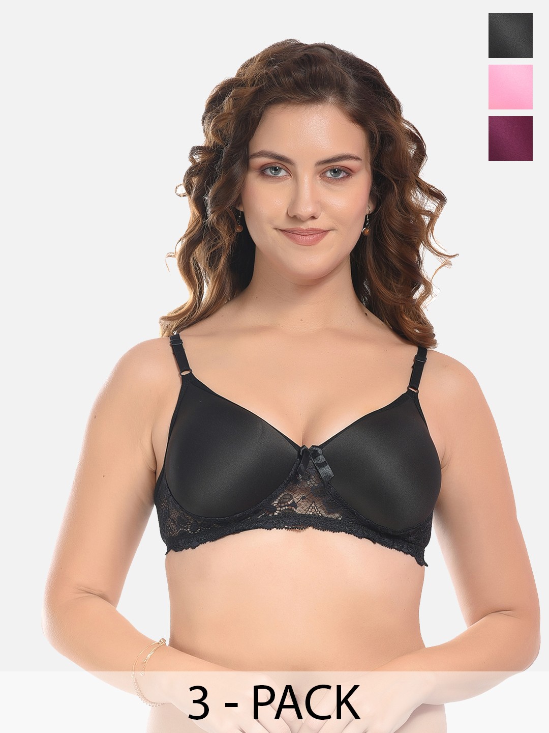 

FIMS Pink & Black Pack of 3 Lightly Padded Bra