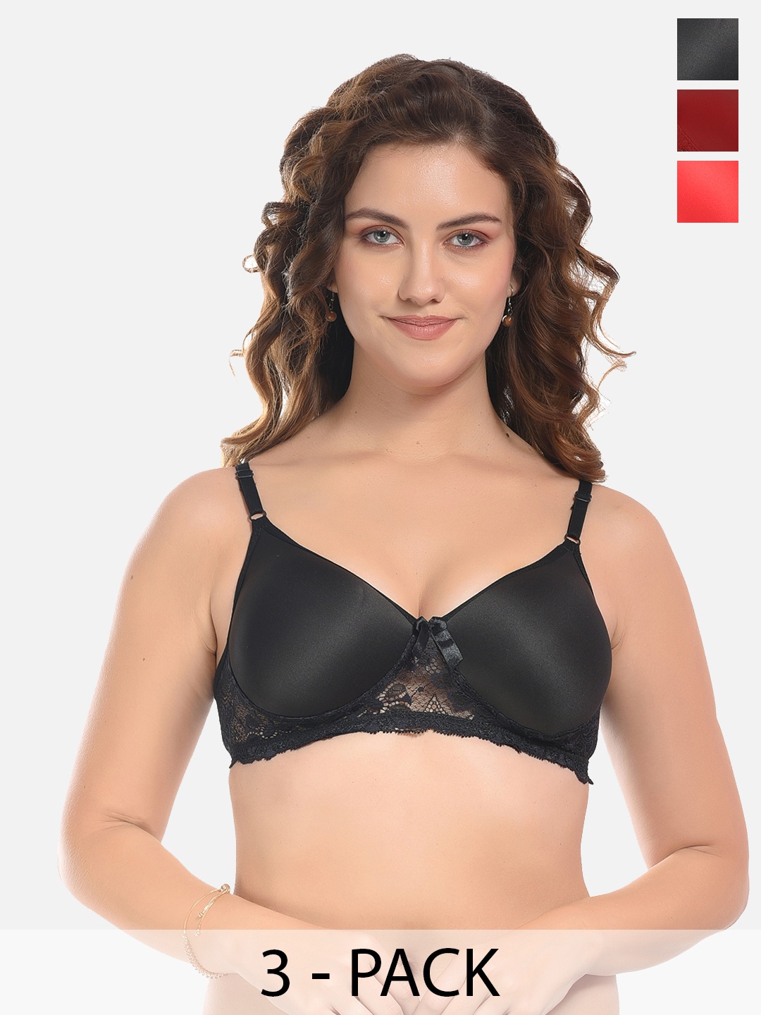 

FIMS Black & Red Pack of 3 Cotton Lightly Padded Bra