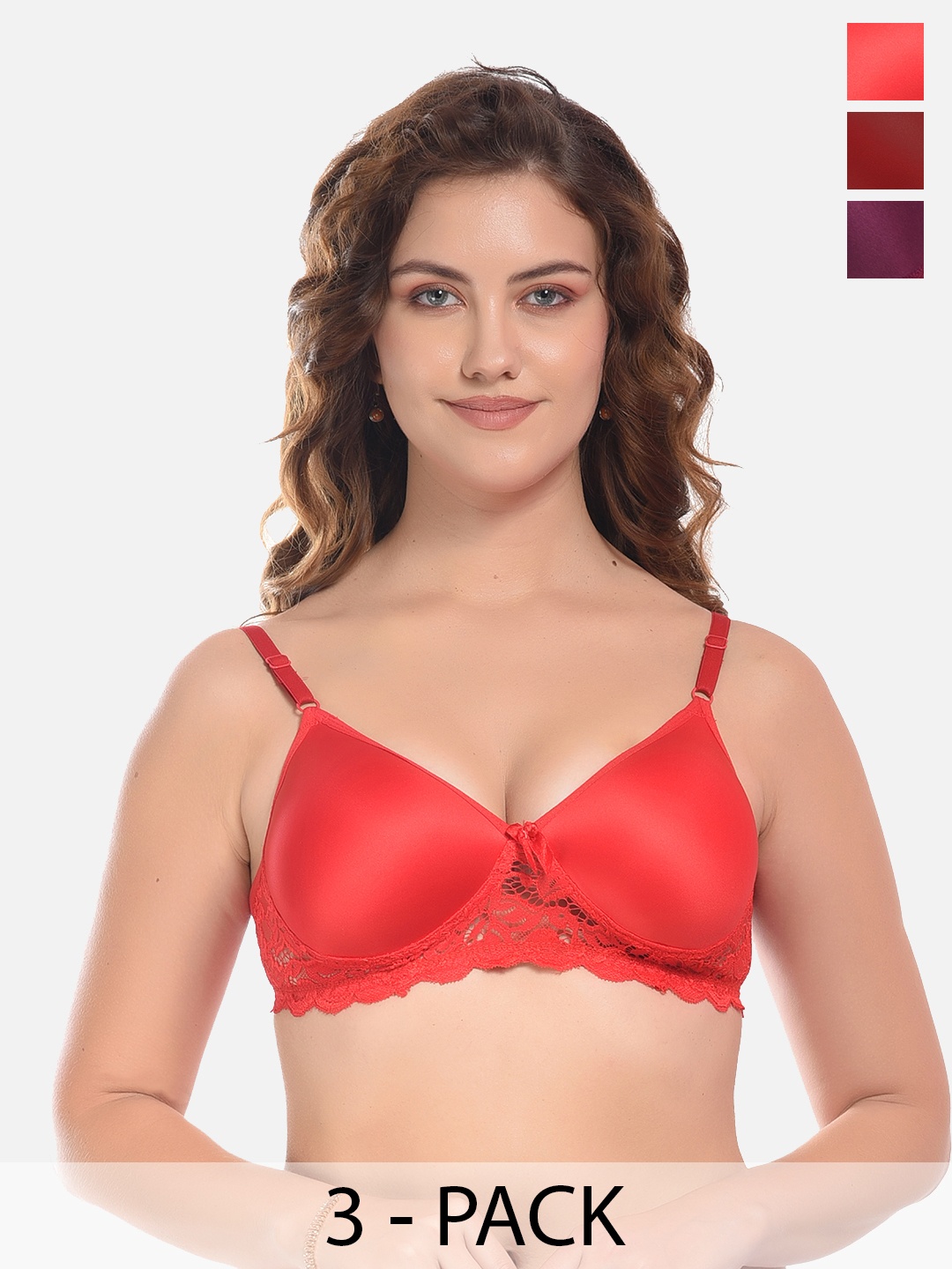 

FIMS Purple & Red Pack of 3 Cotton Lightly Padded Bra