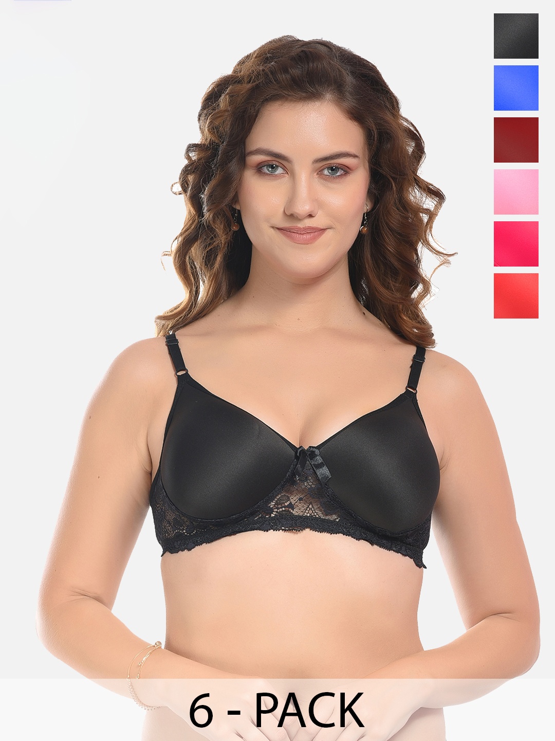 

FIMS Pack of 5 Cotton Lace Everyday Bra - Lightly Padded, Pink
