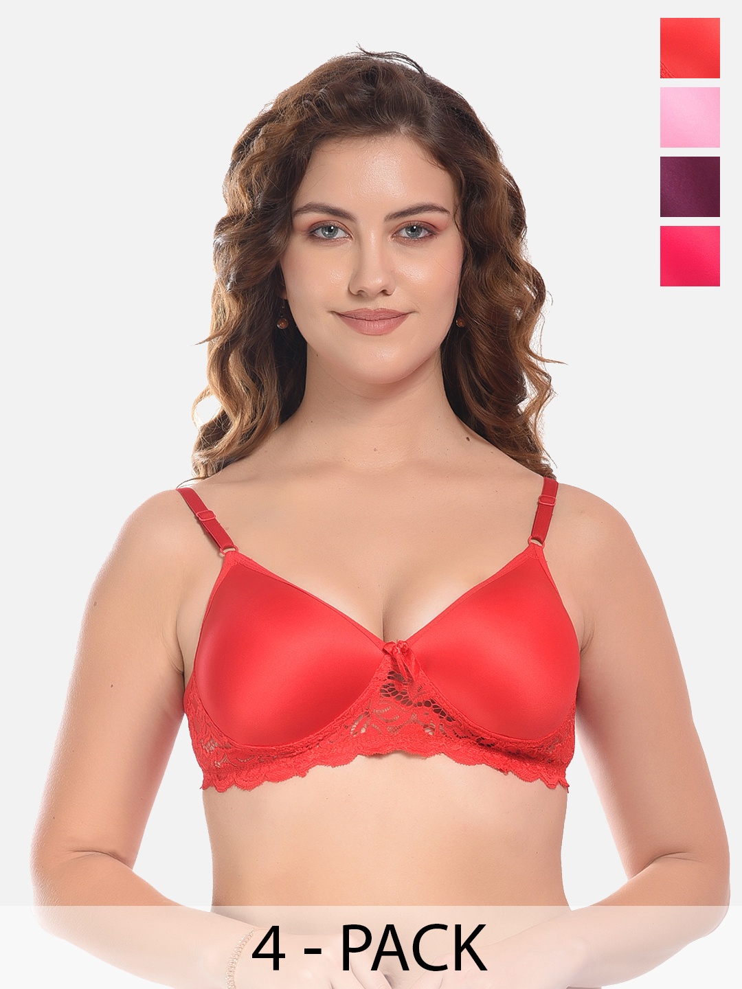 

FIMS Red & Pink Pack of 4 Cotton Lightly Padded Bra