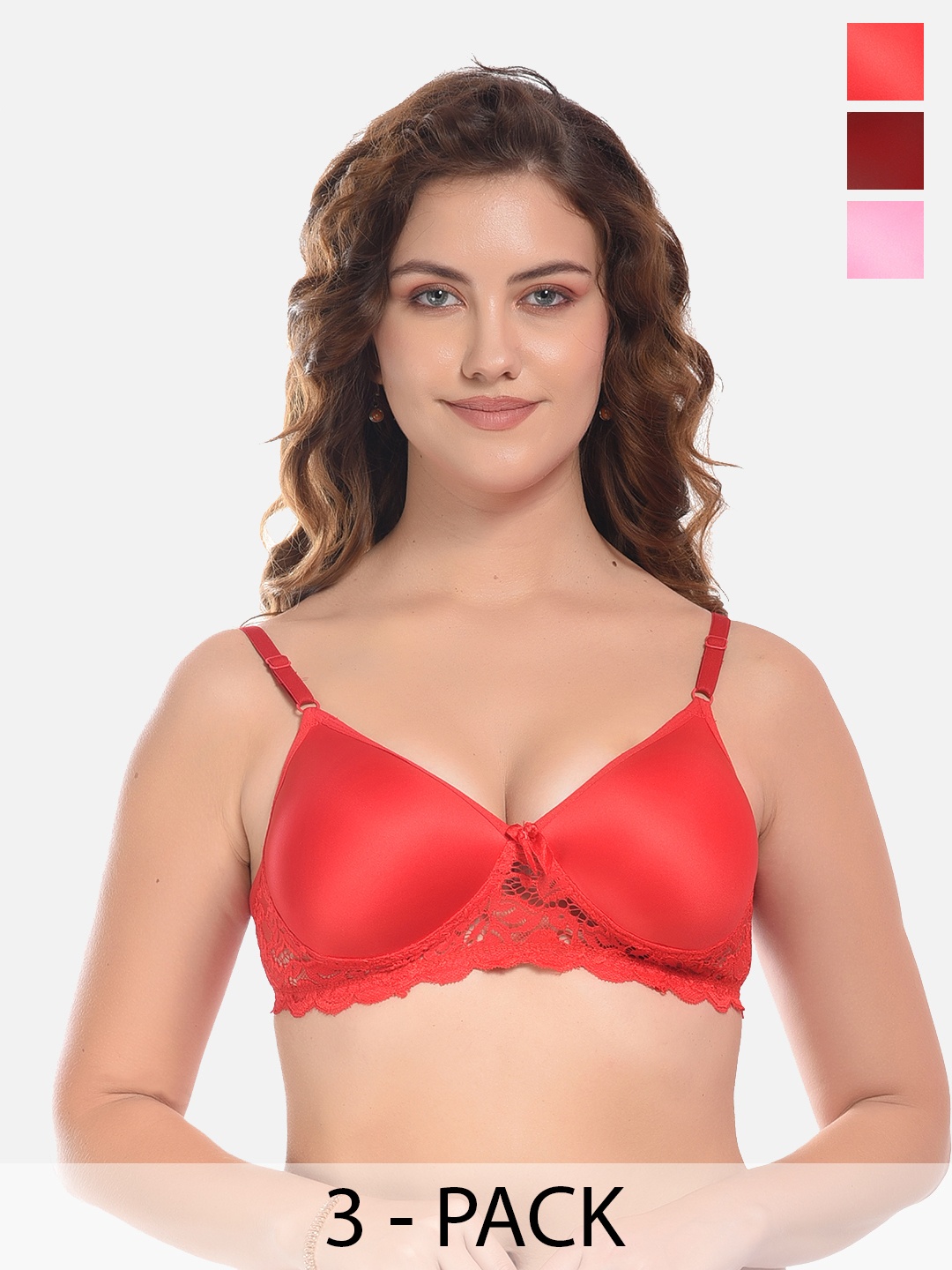 

FIMS Pink & Red Pack of 3 Cotton Solid Lightly Padded Rapid-Dry Bra