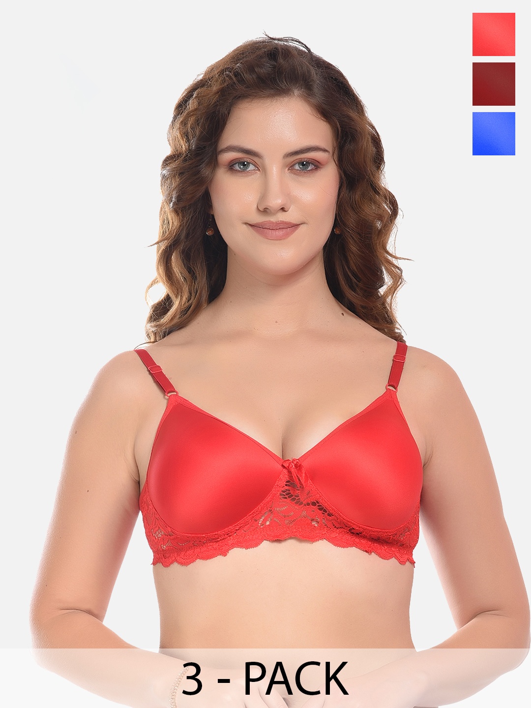 

FIMS Blue & Red Pack of 3 Cotton Solid Lightly Padded Rapid-Dry Bra