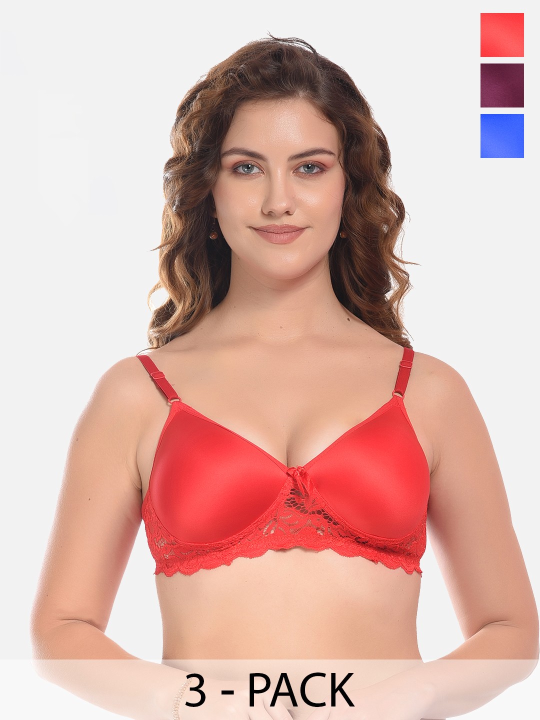 

FIMS Red & Purple Pack of 3 Cotton Lightly Padded Bra