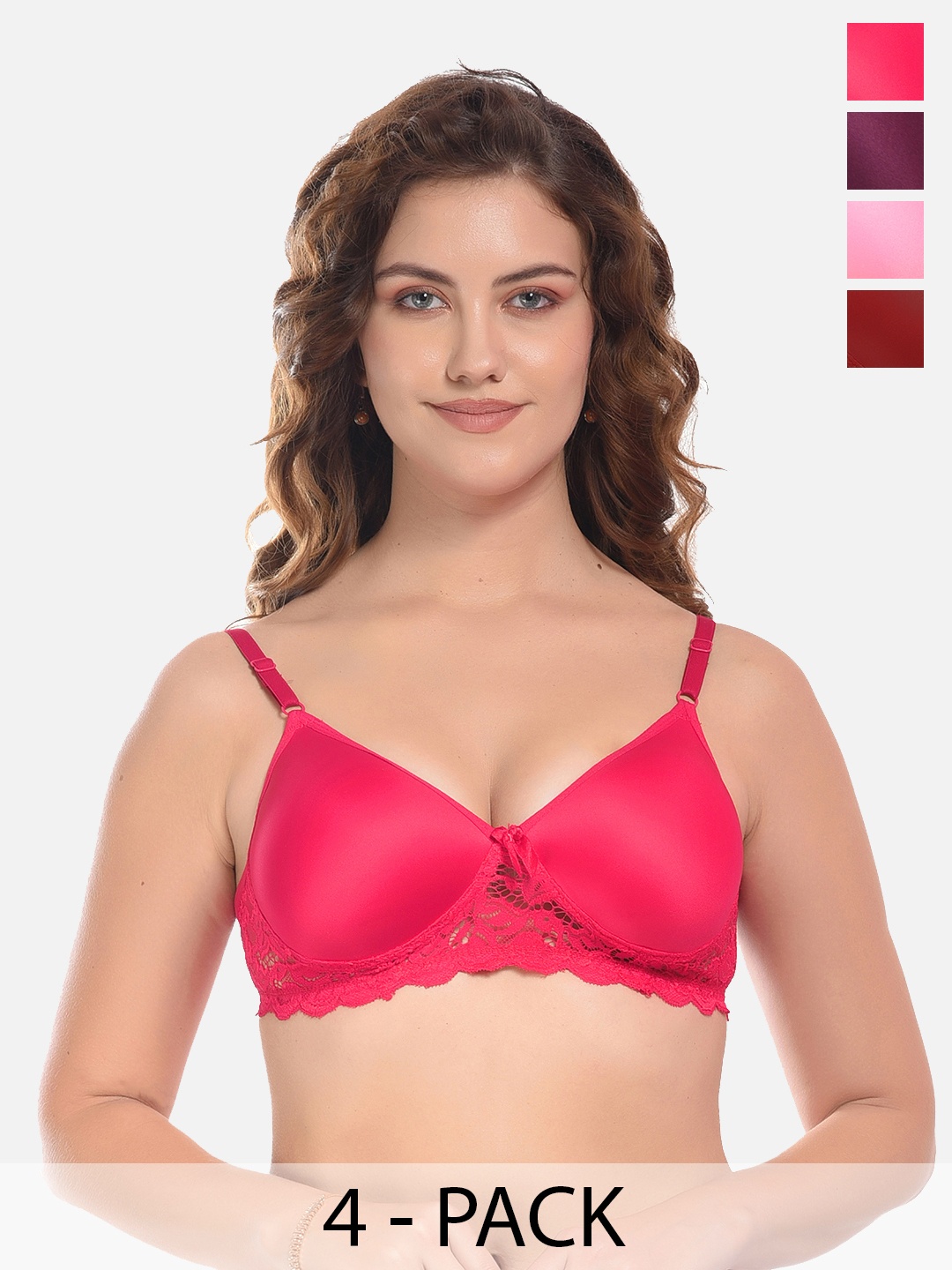 

FIMS Pack of 4 Cotton Lace Everyday Bra - Lightly Padded, Maroon