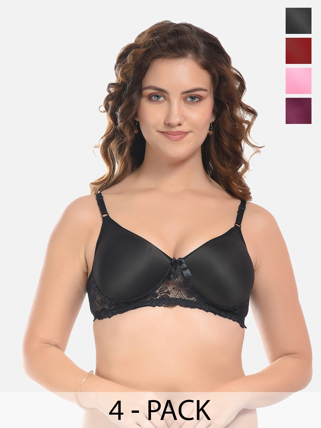 

FIMS Black & Purple Pack of 4 Cotton Lightly Padded Bra