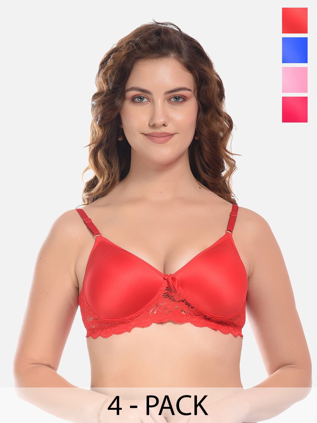 

FIMS Rose & Pink Pack of 4 Cotton Solid Lightly Padded Bra