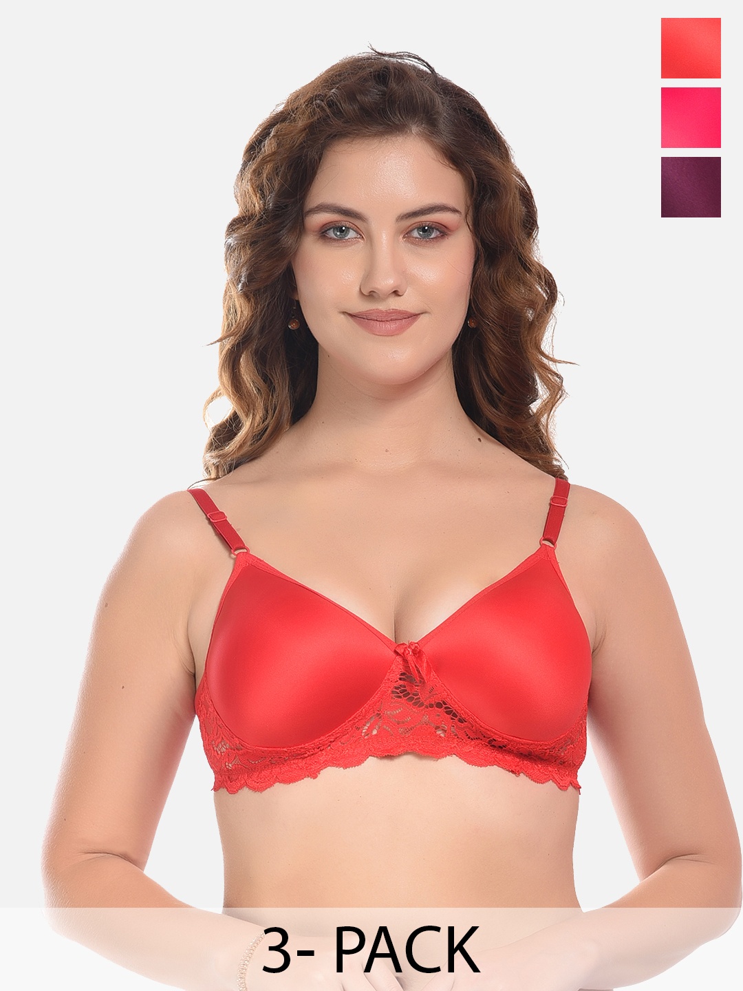 

FIMS Red & Purple Pack of 3 Cotton Solid Lightly Padded Bra
