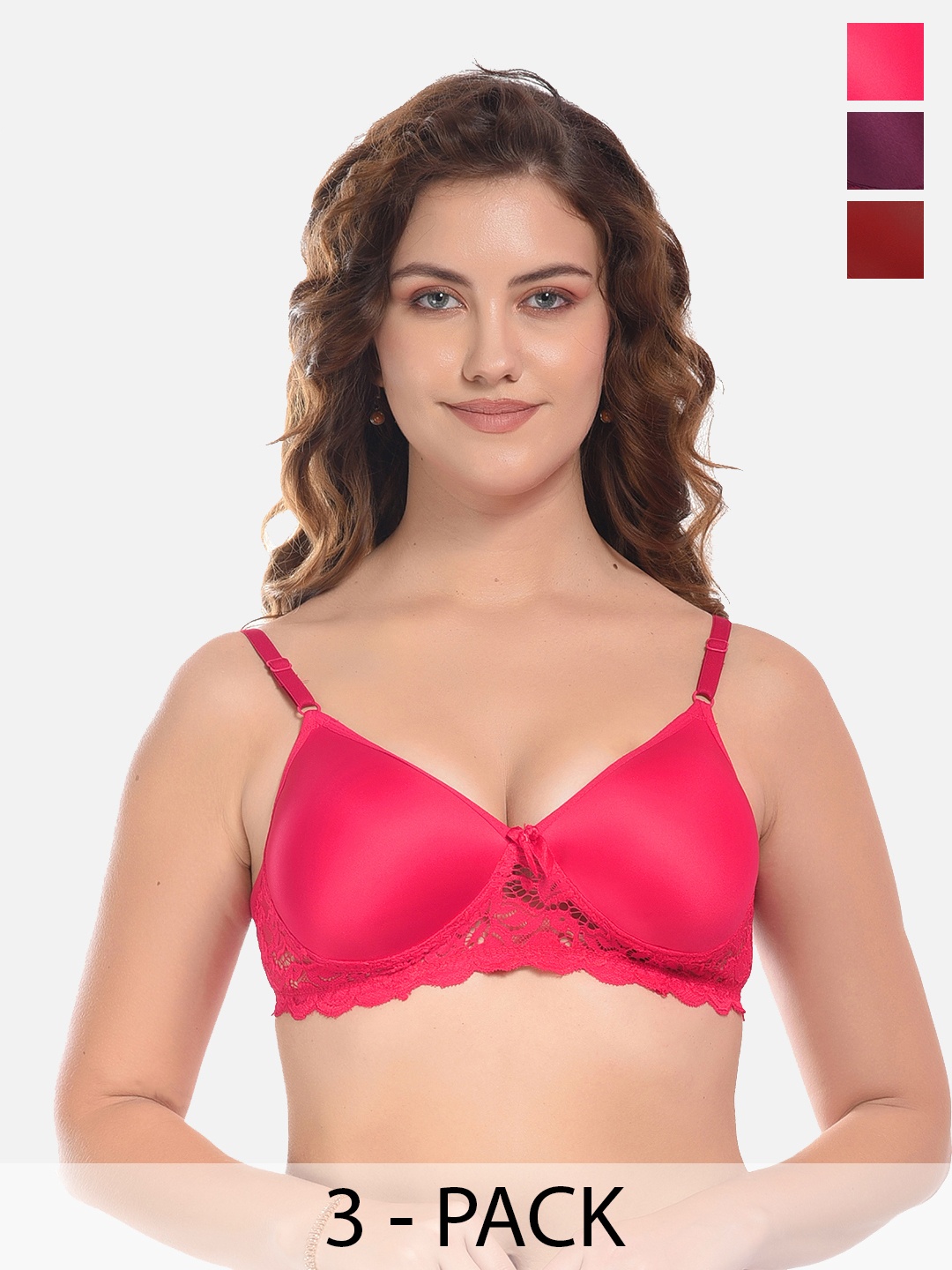 

FIMS Pink & Purple Pack of 3 Cotton Solid Lightly Padded Bra