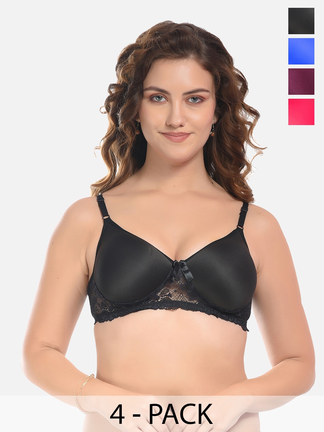 

FIMS Pack of 4 Cotton Lace Everyday Bra - Lightly Padded, Black