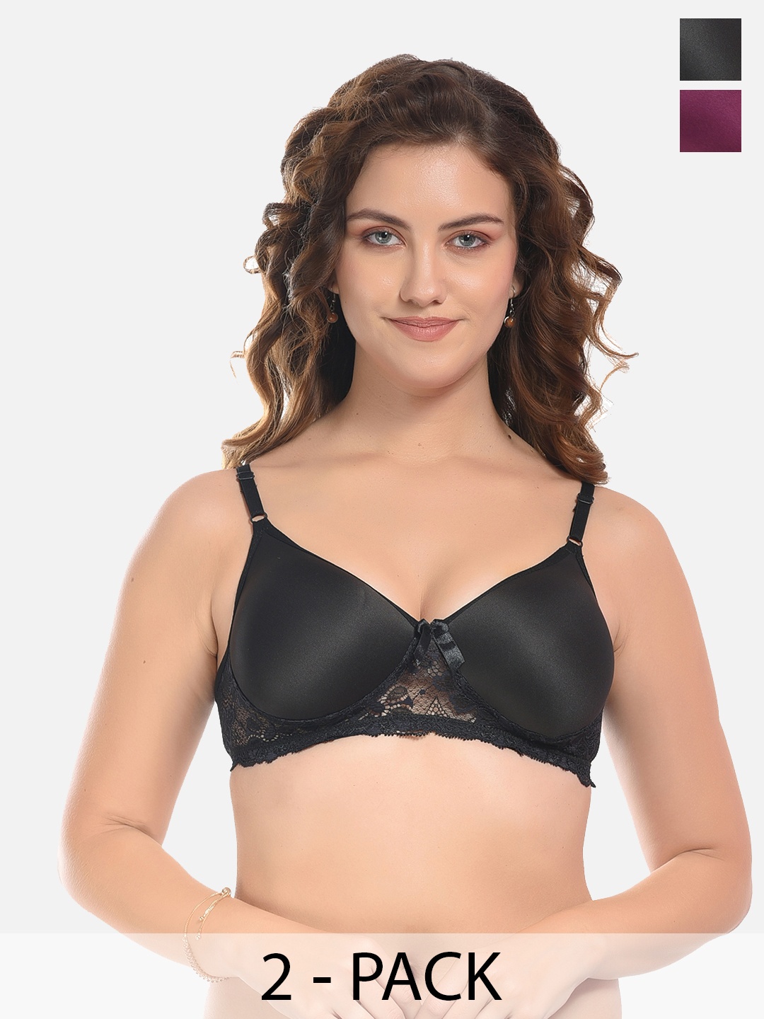 

FIMS Black & Purple Pack of 2 Cotton Solid Lightly Padded Bra