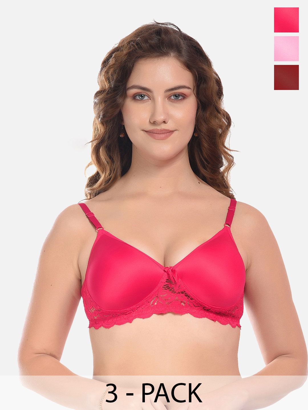 

FIMS Pink & Purple Pack of 3 Cotton Solid Lightly Padded Bra