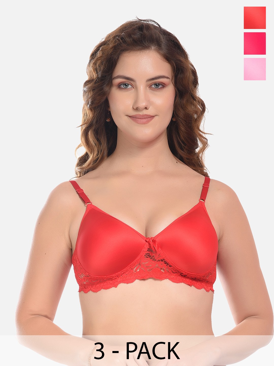 

FIMS Red & Pink Pack of 3 Cotton Solid Lightly Padded Bra