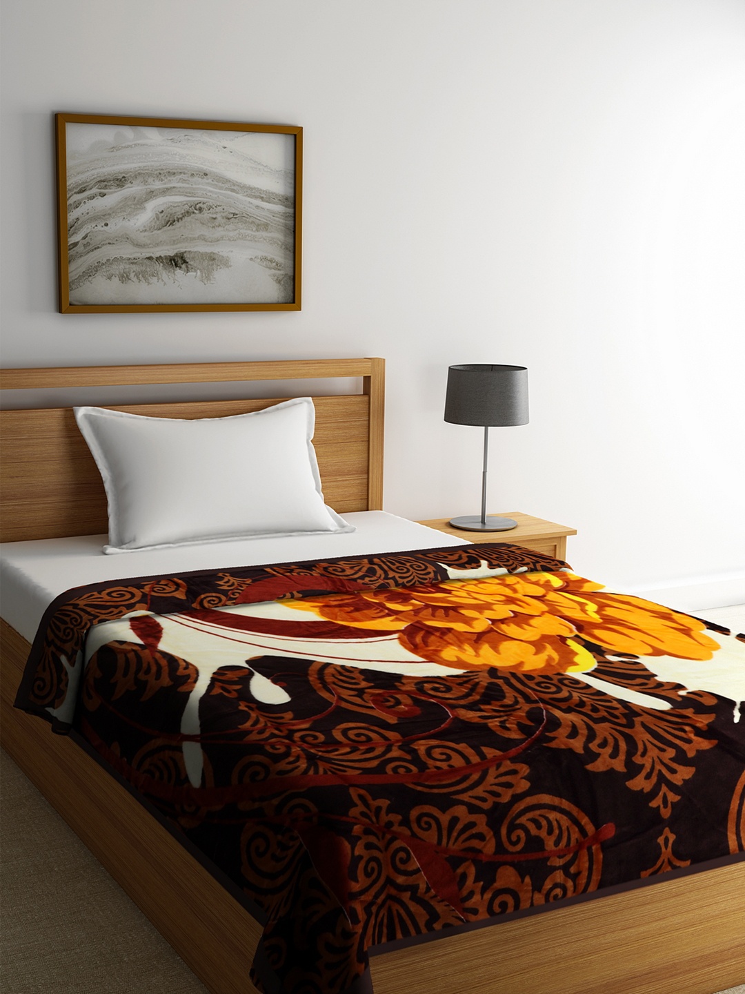 

BOMBAY DYEING Brown & Orange Floral Mild Winter 600 GSM Single Bed Blanket