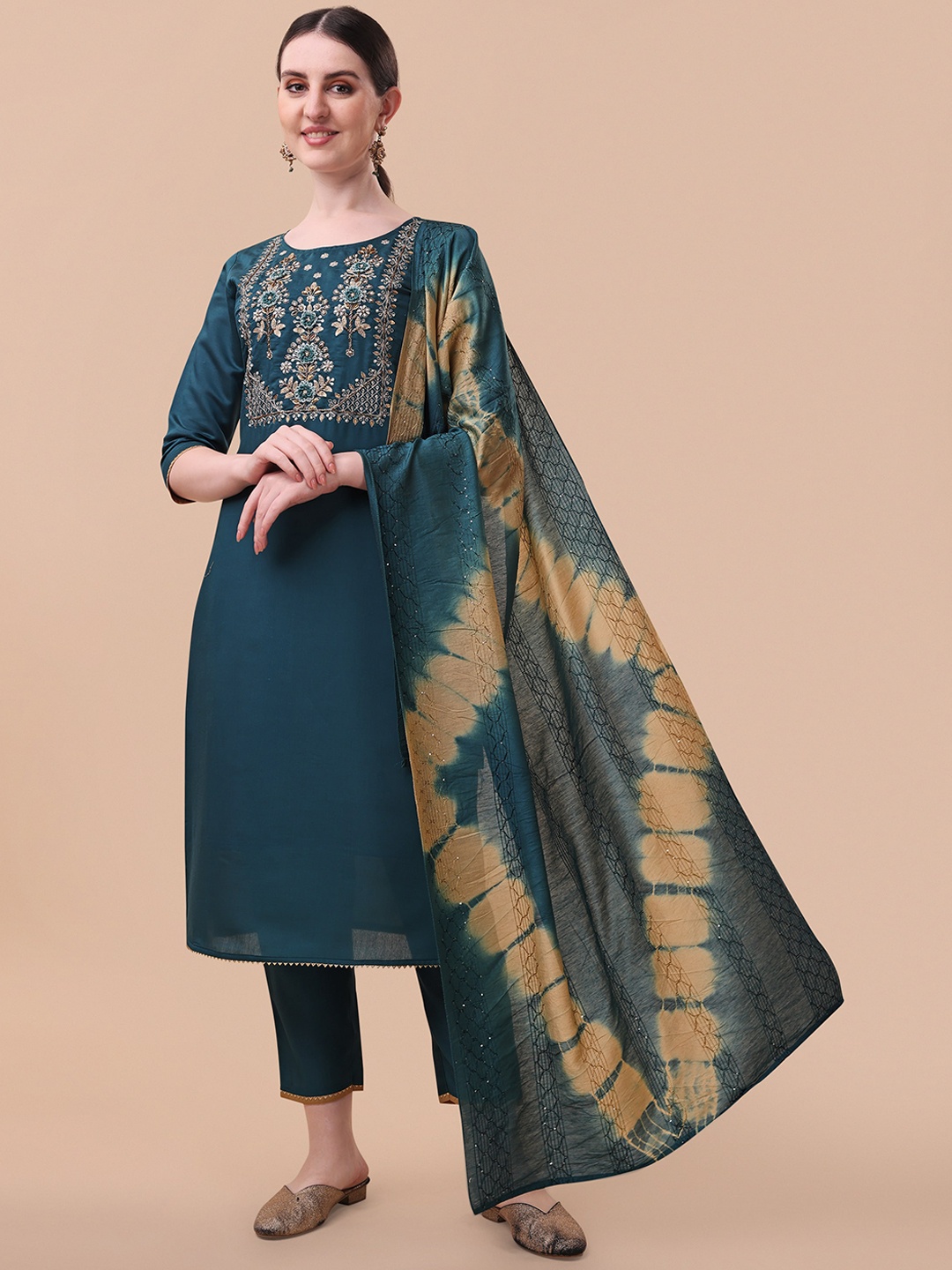 

Berrylicious Women Teal Ethnic Motifs Embroidered Kurta with Trousers & Dupatta