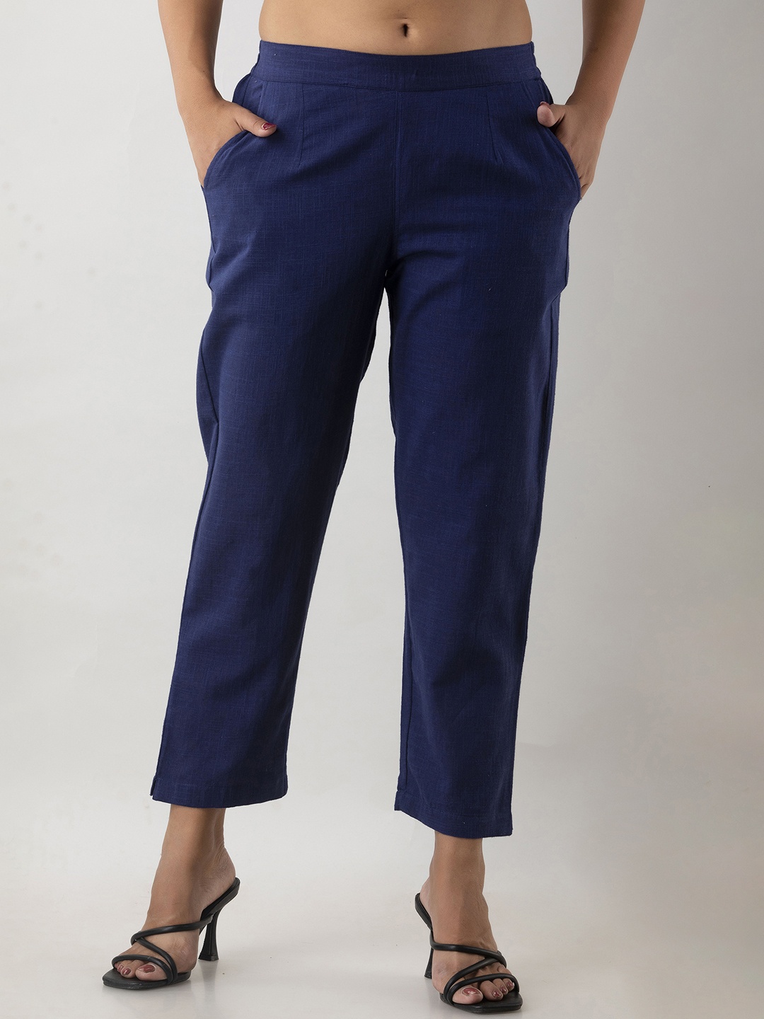 

Sutidora Women Navy Blue Smart High-Rise Easy Wash Pleated Cotton Trousers
