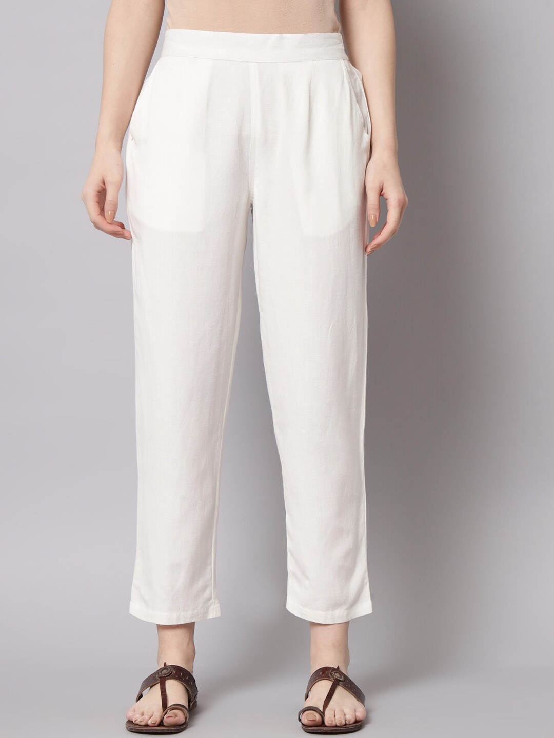 

Sutidora Women White Smart High-Rise Easy Wash Cotton Trousers