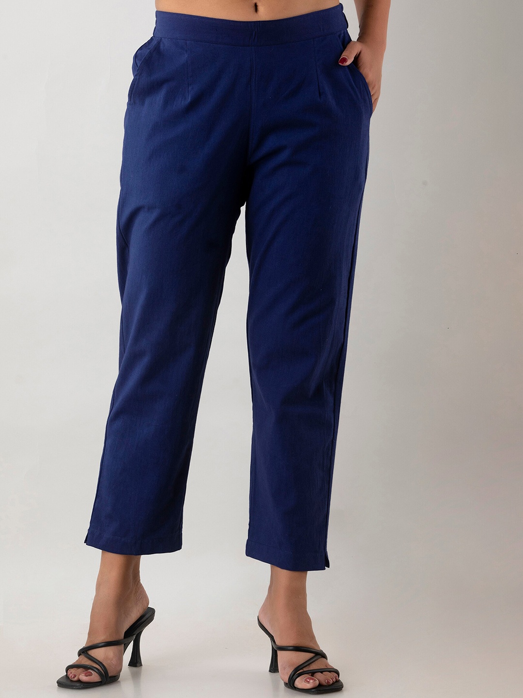 

Sutidora Women Blue Smart High-Rise Easy Wash Cotton Trousers
