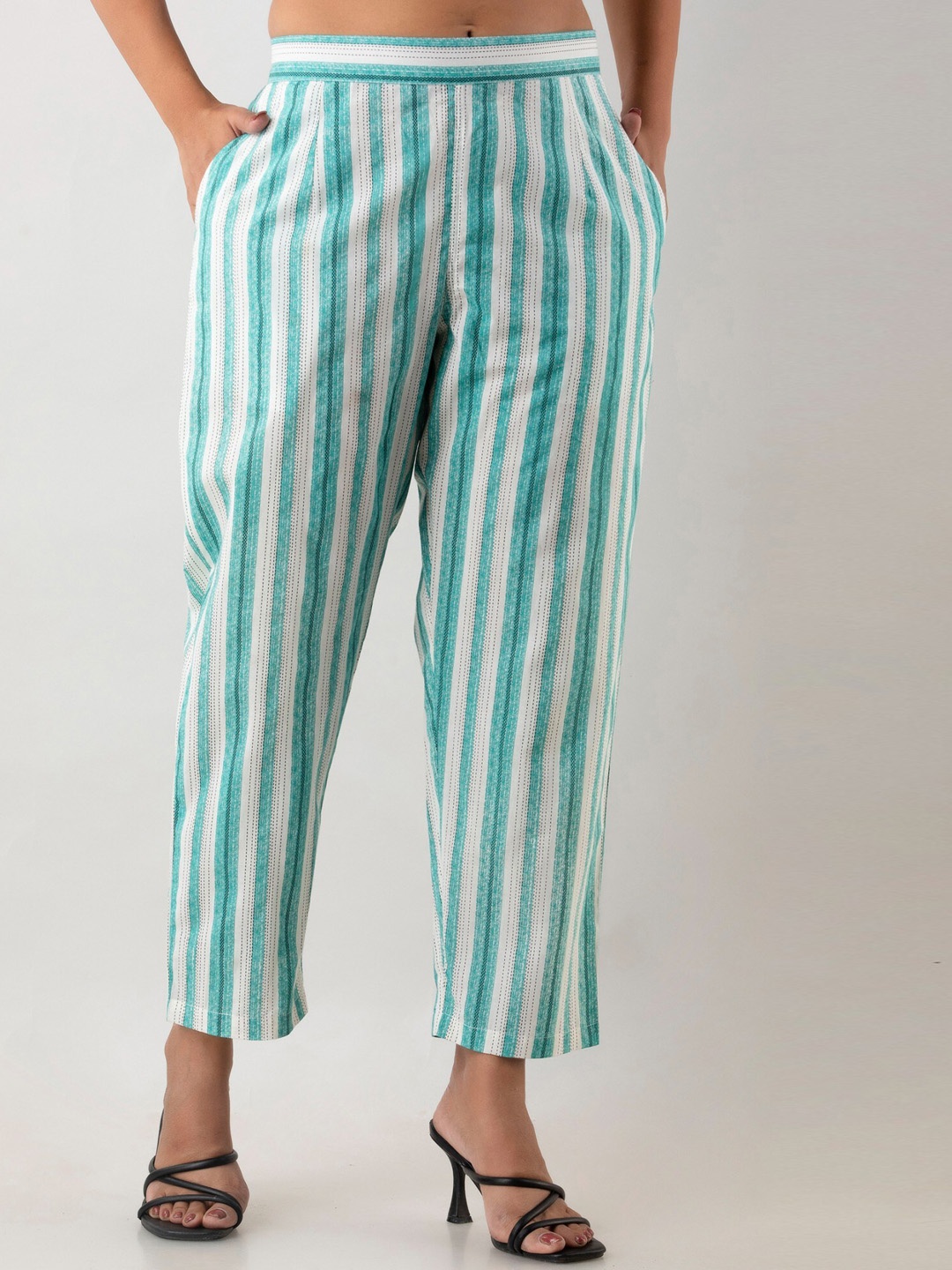 

Sutidora Women White Striped Smart High-Rise Easy Wash Pleated Cotton Trousers