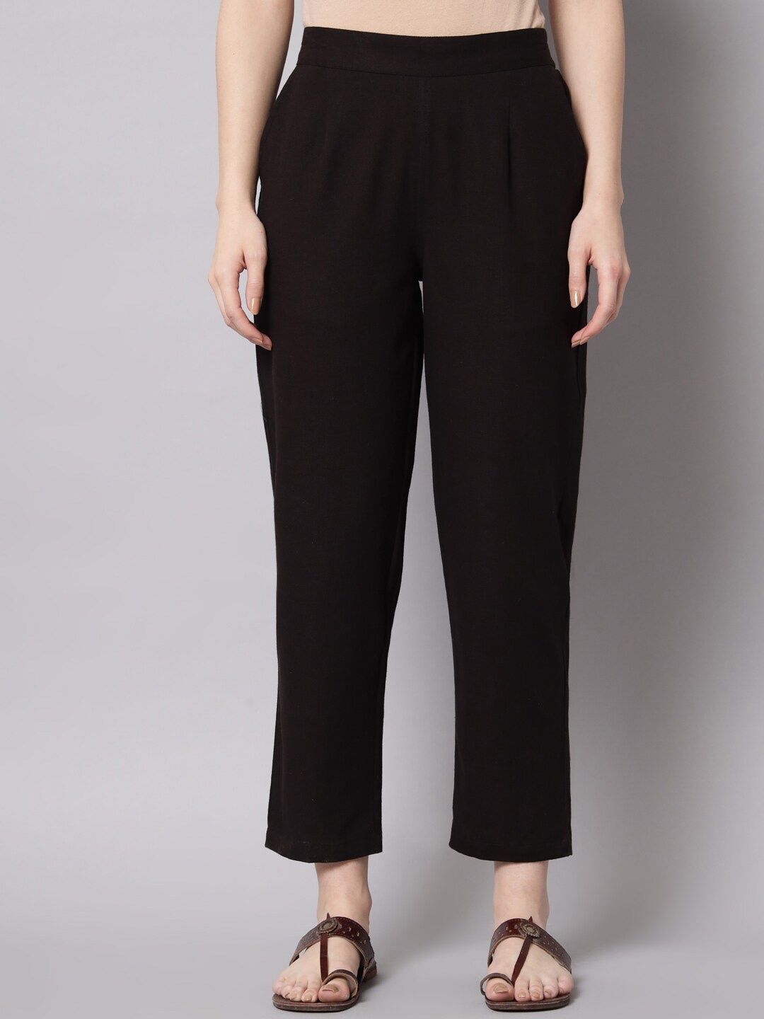 

Sutidora Women Black Smart High-Rise Easy Wash Pleated Cotton Trousers