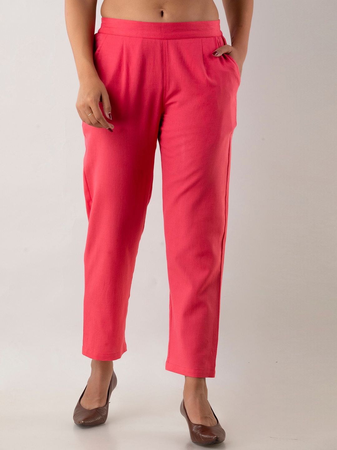 

Sutidora Women Pink Smart High-Rise Easy Wash Pleated cotton Trousers