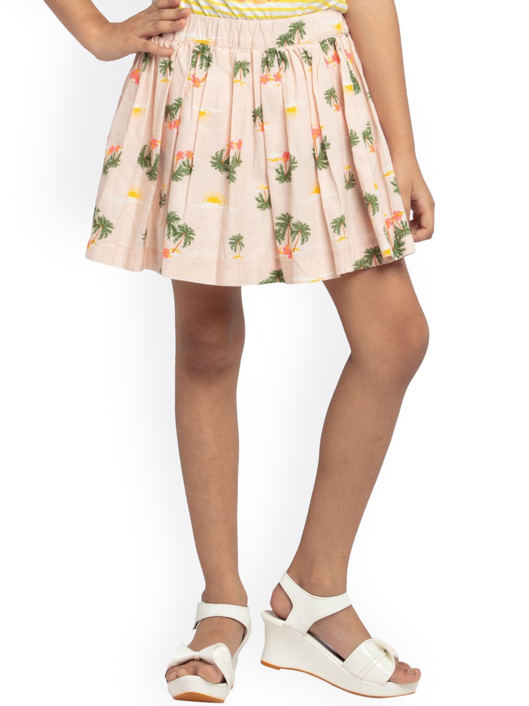 

UNDER FOURTEEN ONLY Girls Peach-Colored Floral Printed Pure Cotton Mini Skirts
