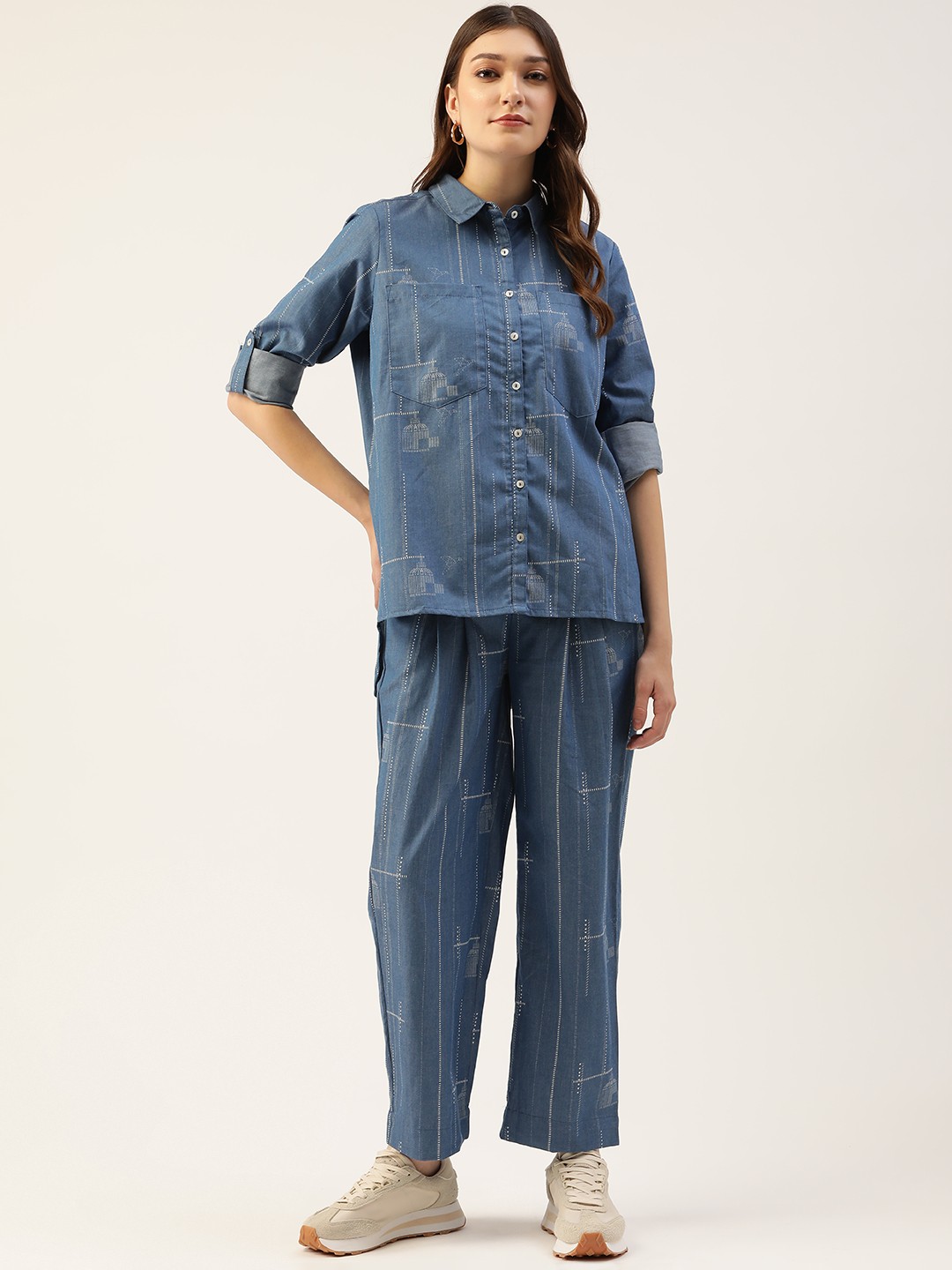 

MISRI Women Blue Denim Printed Shirt With Trousers